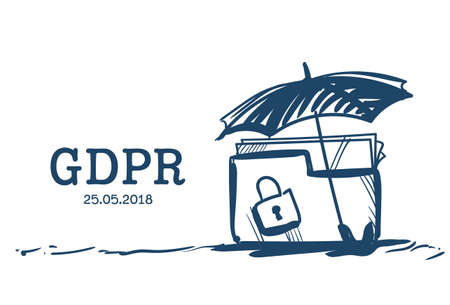 umbrella safety folder padlock General Data Protection Regulation GDPR server security guard over white background hand drawn vector illustrationのイラスト素材