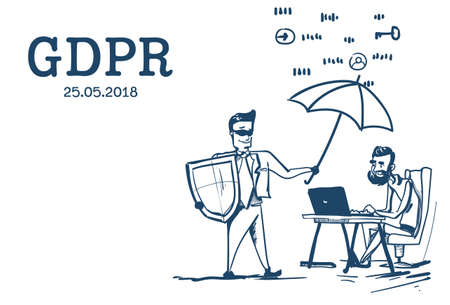 man in business suit shield hold umbrella businessman working office desk General Data Protection Regulation GDPR server security guard over white background hand drawn vector illustrationのイラスト素材