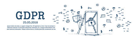man in business suit shield climb the ladder safe padlock General Data Protection Regulation GDPR server security guard over white background hand drawn banner copy space vector illustrationのイラスト素材