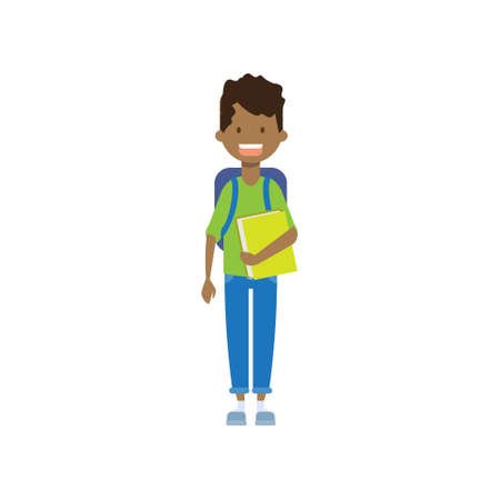 african school boy with book , full length avatar on white background, successful study concept, flat cartoon design vector illustrationのイラスト素材