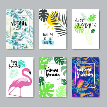 set enjoy summer flamingo badge Isolated Typographic Design Label. Season Holidays lettering for  ,Templates, invitation, greeting card, prints and posters. vector illustrationのイラスト素材