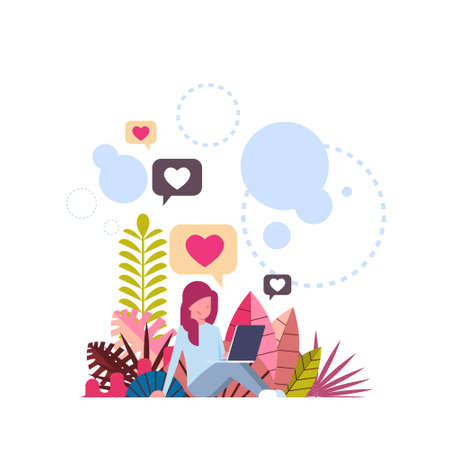 woman love heart chat bubbles icon hold laptop messenger concept background flat vector illustrationのイラスト素材