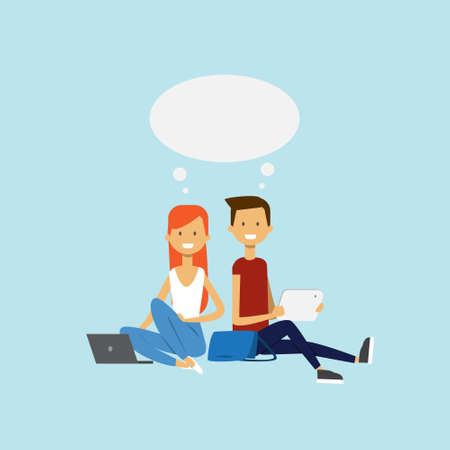 man woman using laptop sitting couple chat bubble character full length over blue background flat vector illustrationのイラスト素材