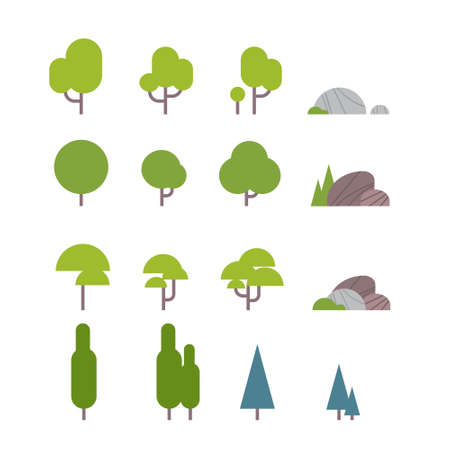 set of diversity green trees plants and garden concept flat vector illustrationのイラスト素材