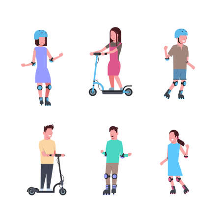 set diverse kind sport boy girl riding over white background. cartoon full length character. flat style vector illustrationのイラスト素材