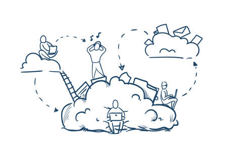 business people stairs on data cloud storage cycles synchronization concept team working on white background sketch doodle vector illustrationのイラスト素材