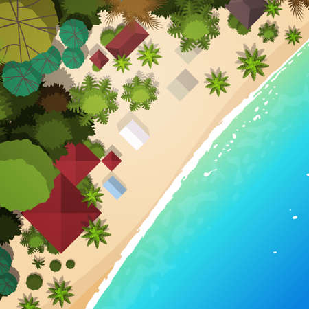 summer beach vacation top angle view sand colorful umbrella tropical beach holiday flat vector illustrationのイラスト素材