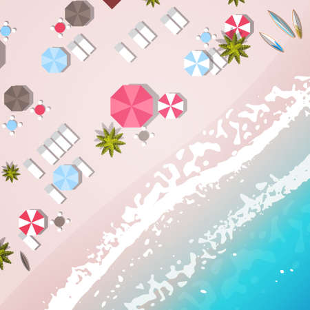 summer beach vacation top angle view sand colorful umbrella tropical beach holiday flat vector illustrationのイラスト素材