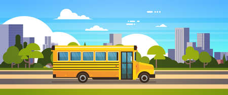 yellow bus back to school pupils transport concept on cityscape background flat banner vector...