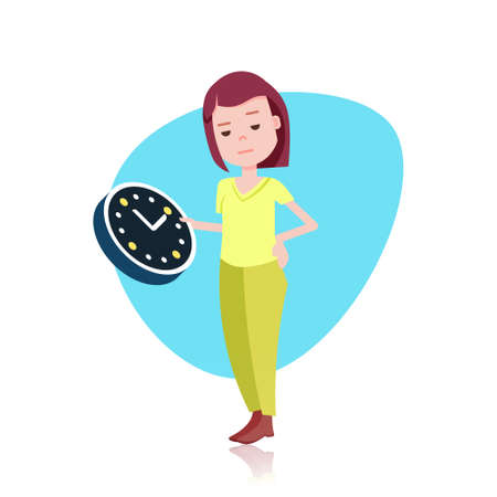 woman character holding wall clock template for design work or animation over white background full length flat vector illustrationのイラスト素材