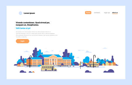 yellow bus in front of school building exterior pupils transport concept on white background flat horizontal vector illustrationのイラスト素材