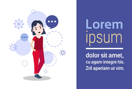 woman character standind chat bubbles template for design work or animation over white background full length copy space horizontal flat vector illustrationのイラスト素材