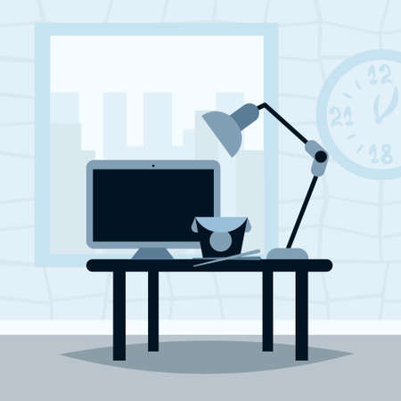 office working desk lunch break asian food concept template for design work and animation flat vector illustrationのイラスト素材