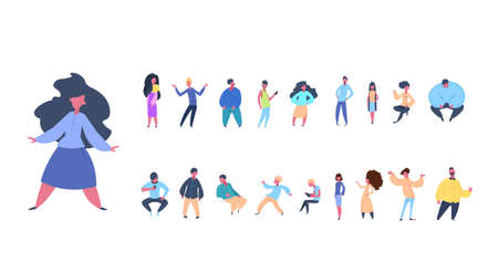 set man woman character diversity poses isolated male female cartoon full length horizontal flat vector illustrationのイラスト素材