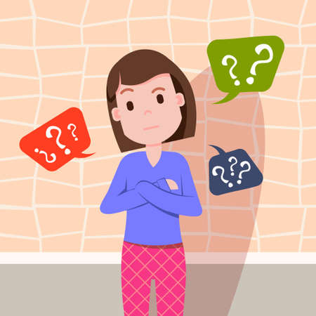 confused woman thinking question marks bubbles female character template for design work and animation flat vector illustrationのイラスト素材
