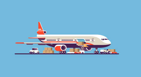 transport airplane aircraft express delivery preparing flight airport air cargo international transportation concept forklift loading parcel boxes blue background flat horizontal vector illustrationのイラスト素材