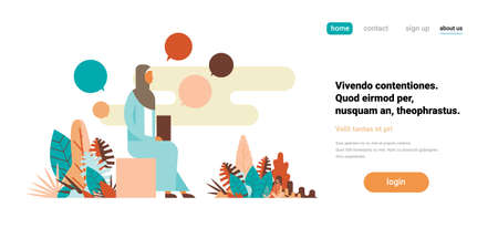 arabic businesswoman sitting using laptop chat bubble communication concept business woman cartoon character flat horizontal copy space vector illustrationのイラスト素材