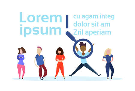 recruitment agency zoom magnifying glass picking business person candidate mix rase man woman isolated cartoon character flat copy space vector illustrationのイラスト素材