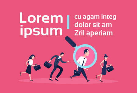 recruitment agency zoom magnifying glass picking business person candidate man woman cartoon character flat copy space vector illustrationのイラスト素材