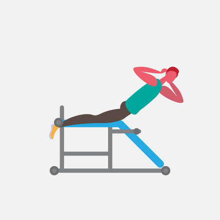 sportsman lying bench back training simulator strong male fitness gym cartoon character healthy lifestyle concept isolated full length flat vector illustrationのイラスト素材