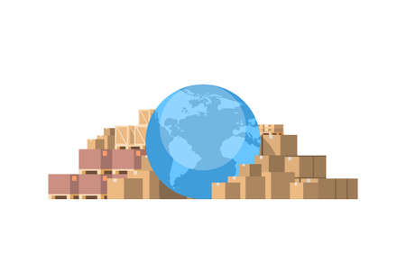 globus world map parcel packages paper box isolated white background international delivery industrial concept flat horizontal vector illustrationのイラスト素材