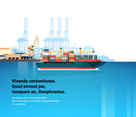 Industrial sea port cargo logistics container freight ship import export crane water delivery transportation concept shipping dock flat copy space vector illustrationのイラスト素材