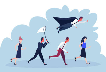 businessperson diversity poses hurry up business startup concept cartoon character man woman isolated full length flat horizontal vector illustrationのイラスト素材