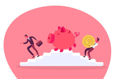 businessman carrying euro coin piggy bank ladder podium climbing growth wealth teamwork concept cartoon character full length flat horizontal vector illustrationのイラスト素材