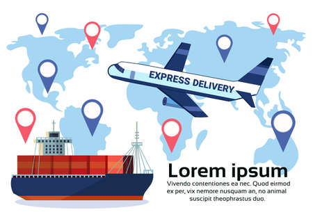 Logistics geo tag set of different delivery air cargo trucking maritime shipping transportation location distribution vehicles international transportation concept flat horizontal copy space vector illustrationのイラスト素材