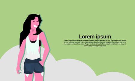 woman brunette hat hand in pocket standing pose female cartoon character portrait horizontal copy...