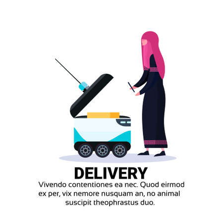 arabic woman loading box robot self drive fast delivery goods in city car robotic carry concept isolated copy space flat vector illustrationのイラスト素材