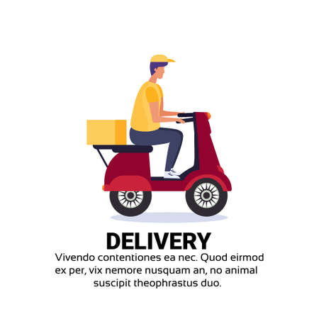 delivery boy ride scooter box concept fast free transport motorcycle isolated copy space flat vector illustrationのイラスト素材