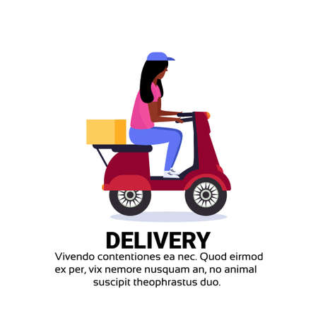 african american delivery woman ride scooter box concept fast free transport motorcycle isolated copy space flat vector illustrationのイラスト素材