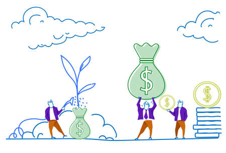businessman watering money bag plant business wealth growth concept future success strategy man silhouette sketch doodle horizontal vector illustrationのイラスト素材