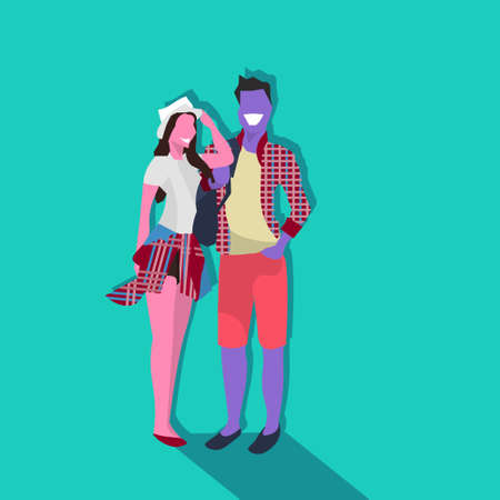 couple man woman standing together cartoon character vacation concept male female silhouettes flat full length vector illustrationのイラスト素材