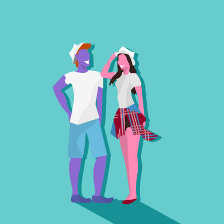 couple man woman standing together cartoon character vacation concept male female silhouettes flat full length vector illustrationのイラスト素材