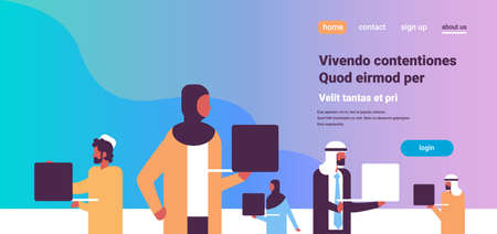 arabic people team using laptop hard working process arab traditional clothes business group online...