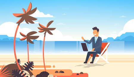 Businessman freelance remote working place beach summer vacation tropical palms island business man suit using laptop horizontal flat vector illustrationのイラスト素材