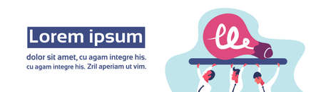 Business people team carry light lamp icon new idea innovation project concept successful teamwork businessman cartoon character horizontal banner copy space flat vector illustrationのイラスト素材