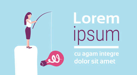 businesswoman fishing rod light lamp new idea innovation concept business woman cartoon character flat horizontal copy space vector illustrationのイラスト素材