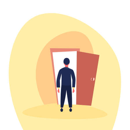 Businessman standing open door entrance business man rear view new opportunity future concept flat vector illustrationのイラスト素材