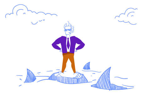 bold businessman smoking standing rock island sea sharks around danger daring business man problem solution concept horizontal sketch doodle vector illustrationのイラスト素材