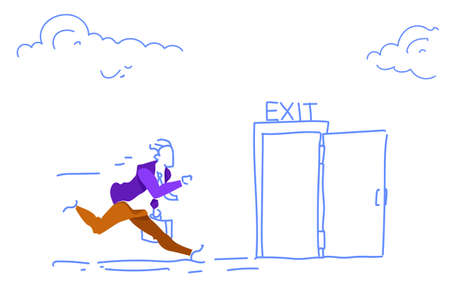 businessman run open exit door man hurry up evacuation emergency horizontal sketch doodle vector illustrationのイラスト素材