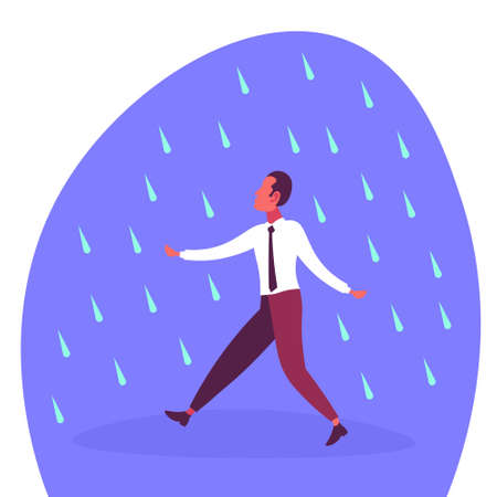 Businessman running under rain unprotected rainy day problem concept flat cartoon character vector illustrationのイラスト素材