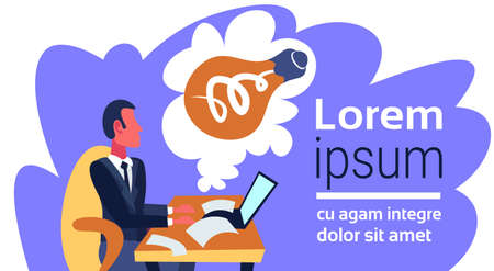 businessman sitting office using laptop generating creative innovation idea concept light lamp icon cartoon character flat horizontal portrait copy space vector illustrationのイラスト素材