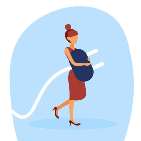 businesswoman holding electric plug preparing startup project woman ready connection concept flat cartoon character full length vector illustrationのイラスト素材