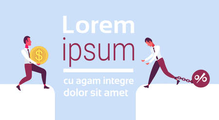 Businessmen hold dollar coin chain leg bound stone percent credit debt standing cliff abyss cooperation teamwork success concept horizontal copy space flat vector illustrationのイラスト素材