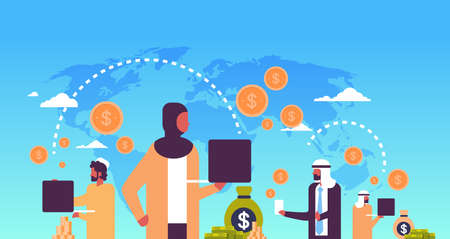 arabic people using global payment application money transfer concept dollar coin world map...