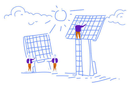 men installing solar panel alternative energy resource business team working process concept sketch...