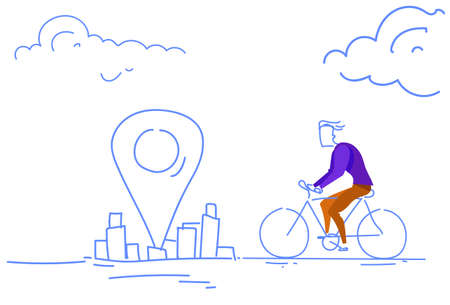 businessman riding bicycle destination geo tag location concept cityscape background man healthy...